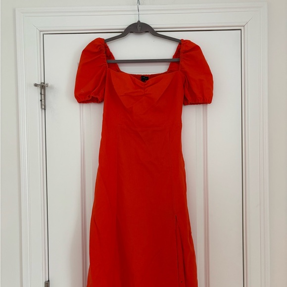 Red Orange Puff Sleeve Midi Dress - Picture 3 of 10
